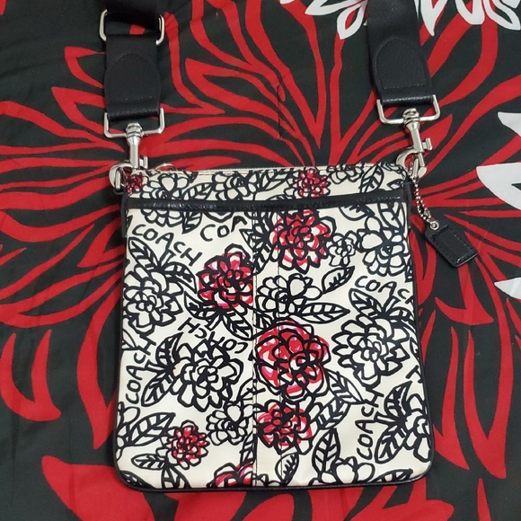 Coach Poppy Floral Satin Crossbody Bag - White Black & Red